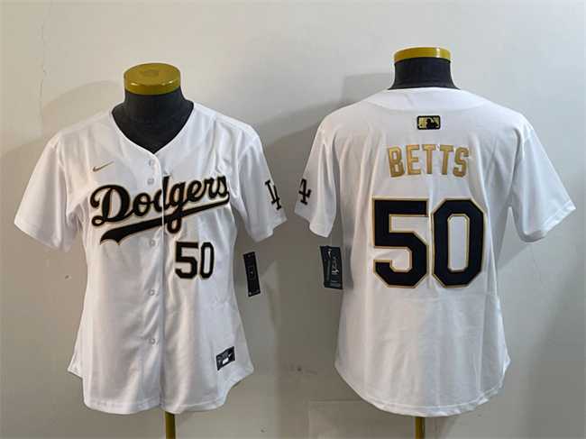 Womens Los Angeles Dodgers #50 Mookie Betts White Gold Home Limited Stitched Jersey